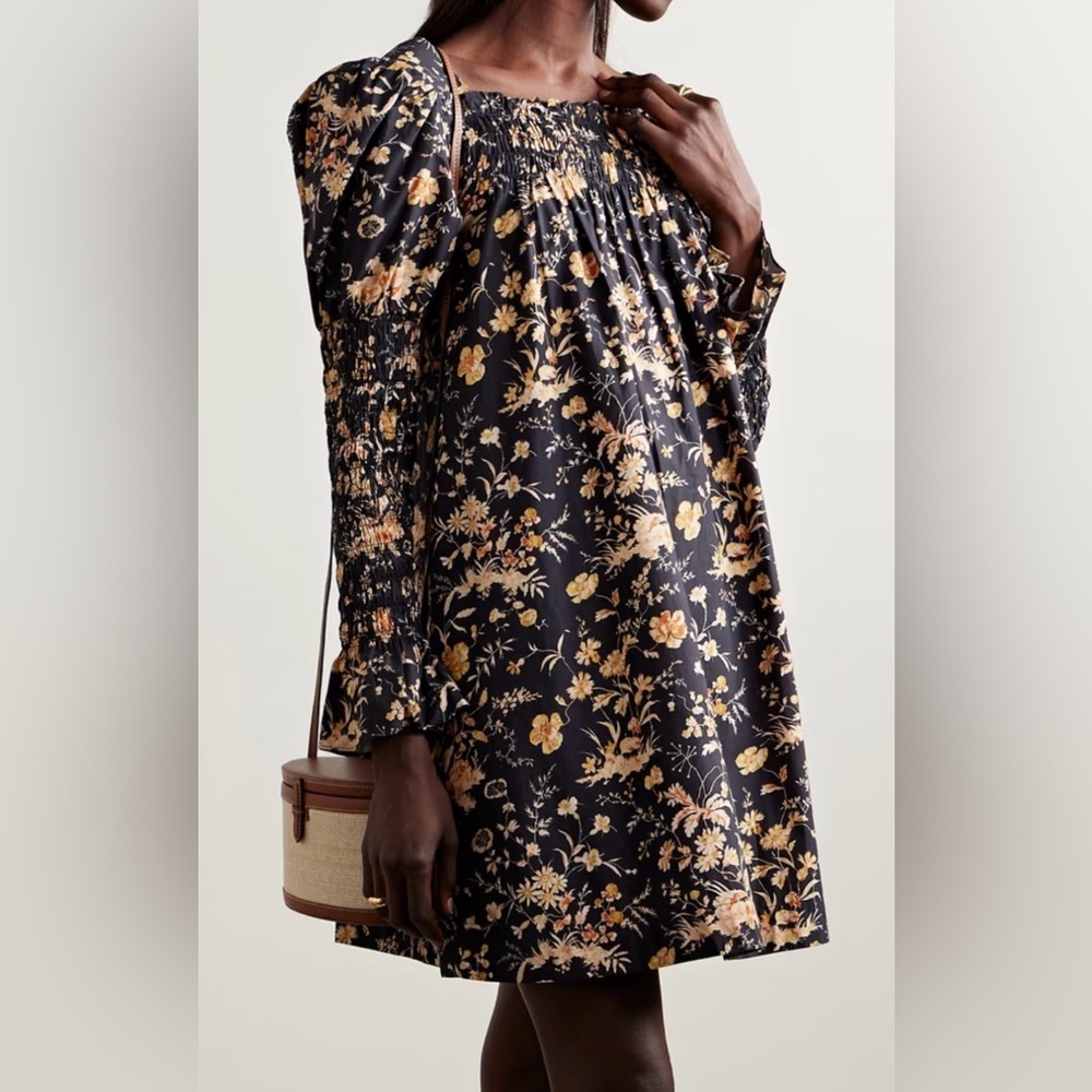 DOEN Sabia Shirred Floral Print Organic Cotton Mini Dress Black Size Medium